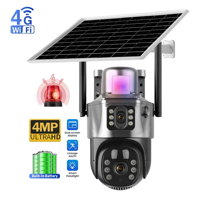 Smart Library V380pro 4G Wifi Dual Lens Floodlight Pir Solar Ptz 24/7 Full Color Wireless Outdoor Security 4g Cctv Solar