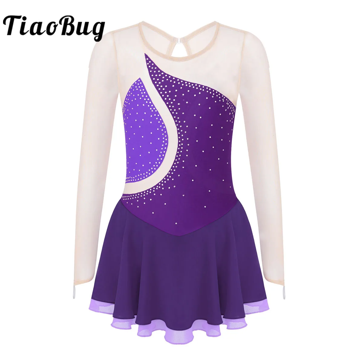 Rhinestone Figure Ice Skating Dress Child Girls Long Sleeve Mesh Ballet Gymnastic Leotard Dress Professional Competition Costume