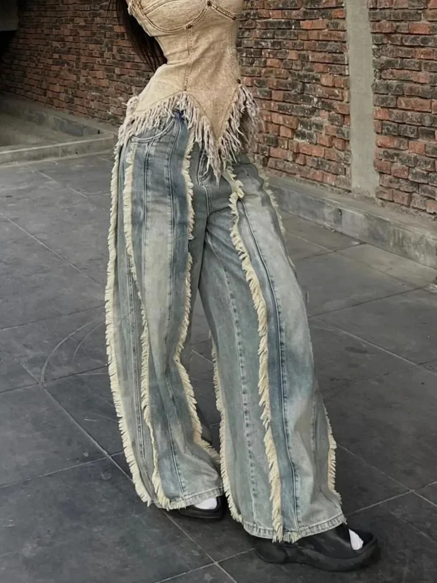 Vintage Women Washed Y2K Baggy Japanese 2000s Denim Trouser Casual Tassels Pants Female Street Trashy Retro High Waist Jeans