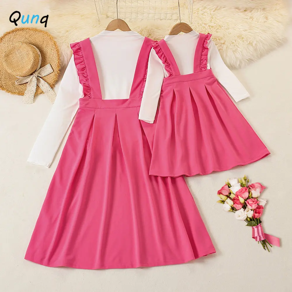 Qunq Spring Autumn Parent-child Outfits Fashion Solid O Neck Long Sleeve Top + Long Strap Dress Mother Daughter Matching Clothes