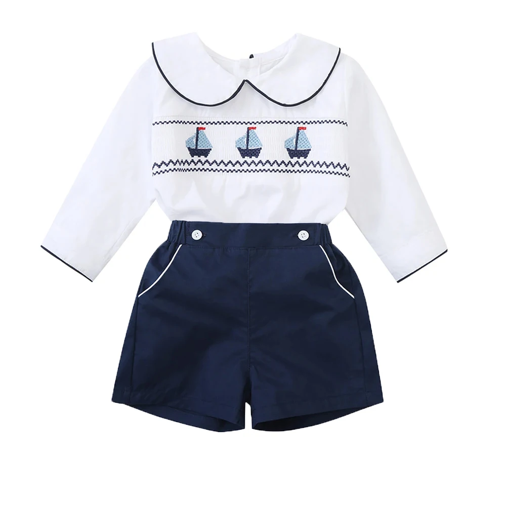 طقم ملابس بوتيك صيفي مكون من قطعتين للأطفال الأولاد بتصميم قارب سموكينج للرضع فستان يومي للأطفال الصغار زي مدرسي بدلة قطنية