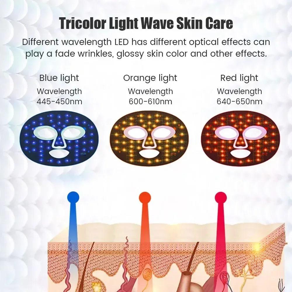 Maschera facciale a LED leggera a 3 colori con trattamento per la cura del viso al collo Terapia antiacne di bellezza Macchina per il ringiovanimento della pelle sbiancante per il viso