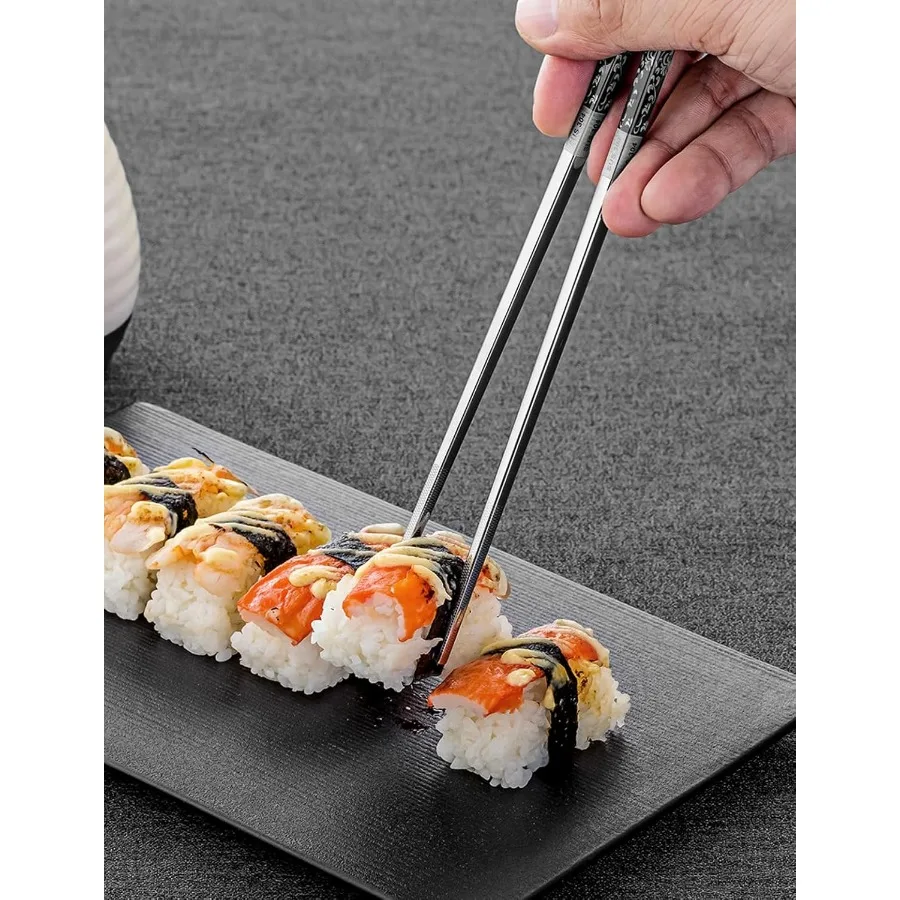 Essstäbchen aus Metall, wiederverwendbar, 3 Paar Essstäbchen, wiederverwendbar, spülmaschinenfest, titanbeschichtet, rutschfest, Edelstahl-Essstäbchen Prese