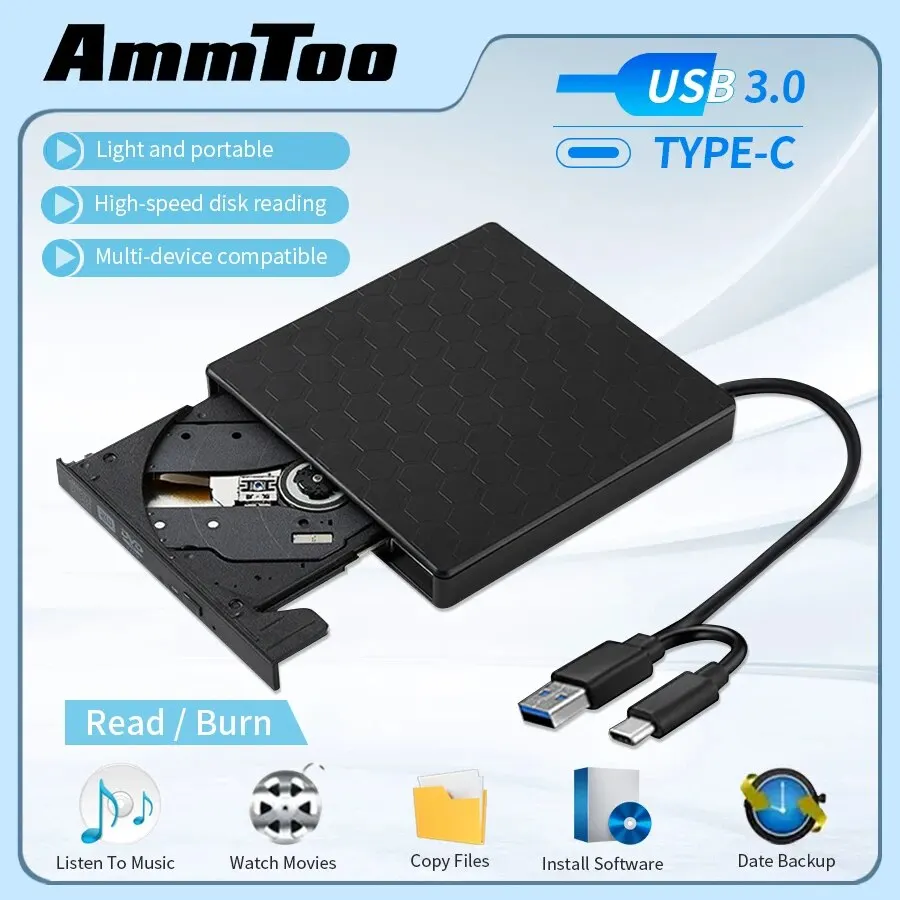 AMMTOO-Lecteur DVD externe USB 3.0, portable +/-RW, pour CD, Dean Burner, compatible avec ordinateur portable, PC de bureau, Windows