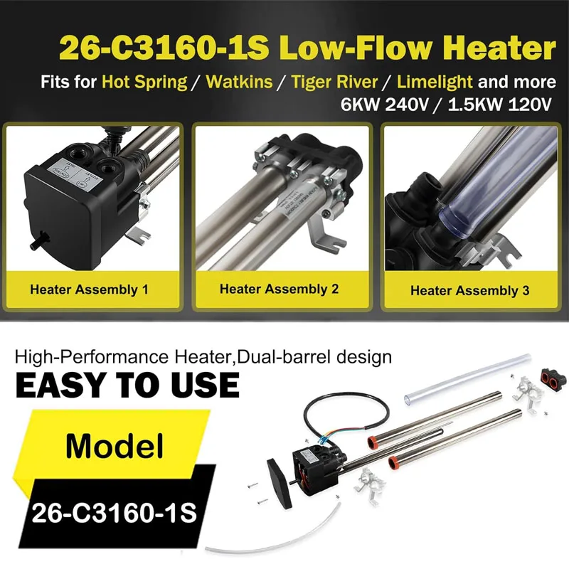 26-C3160-1S Low-Flow Double Barrel Heater 6.0KW/1.5KW 240V with Sensors for Hot Spring/Watkins/Tiger River/Limelight Hot Tub