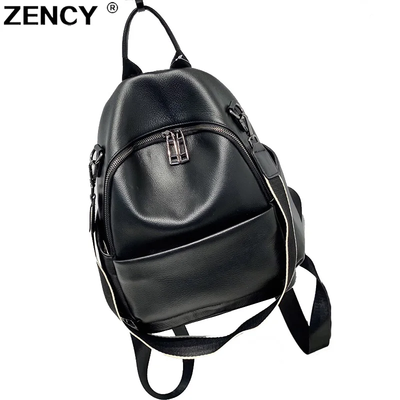 ZENCY 100% Nature Genuine Cow Leather Calfskin Backpacks Top Layer Nature Cowhide Book Dual Function Backpack One Shoulder Bags