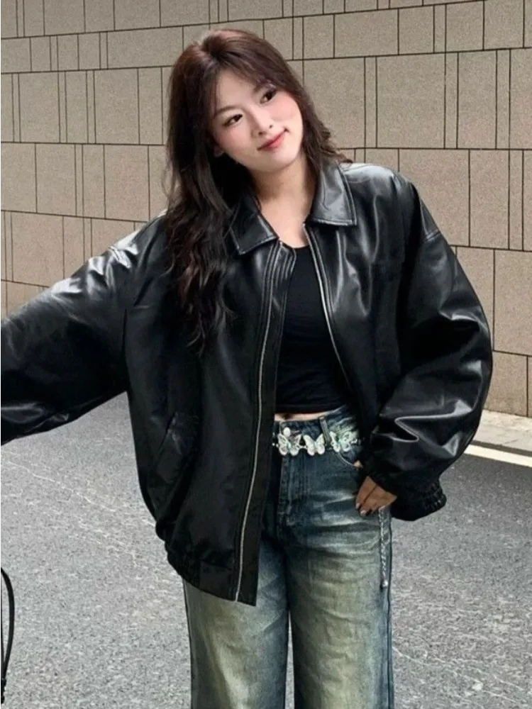 블랙 폴로 칼라 가죽 자켓 여성을위한 하이 엔드 롱 가죽 코트 한국 스타일 느슨하고 세련된 가죽 자켓