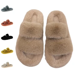 Vrouwen Bont Warme Winter Harige Bont Schoenen Pluizige Pluche Slippers Huis Indoor Schoenen Slaapkamer Slippers Dames Ronde Neus