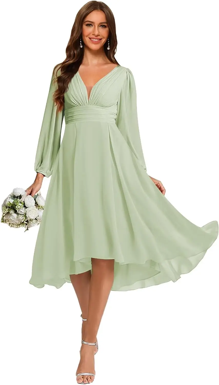 فستان وصيفة العروس نسائي شيفون برقبة على شكل V وأكمام طويلة مطوي على شكل حرف a طول ميدي فستان زفاف الضيوف فستان رسمي نسائي أنيق