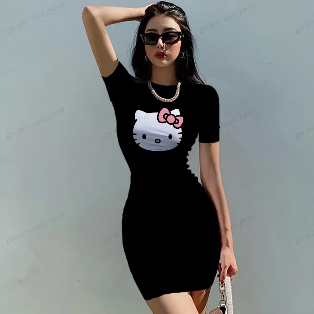 Vestido de verano con estampado de Hello Kitty para mujer, minivestido informal de cintura alta, manga corta, ropa de noche para fiesta, Y2K