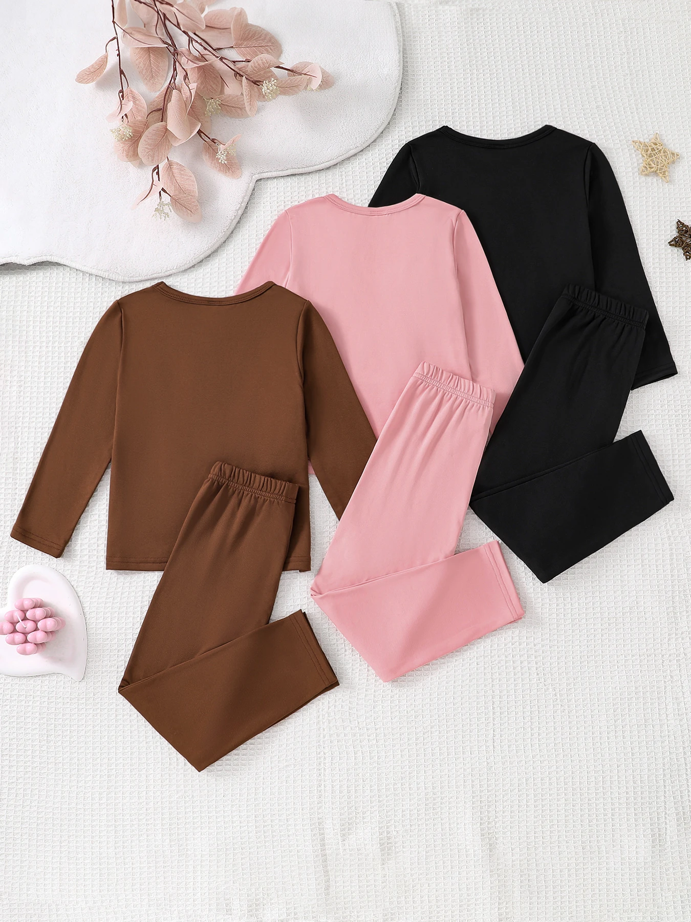 

New Children's Autumn Girls' Set, 3 sets of round neck long sleeved tops, sports pants - pink coffee black