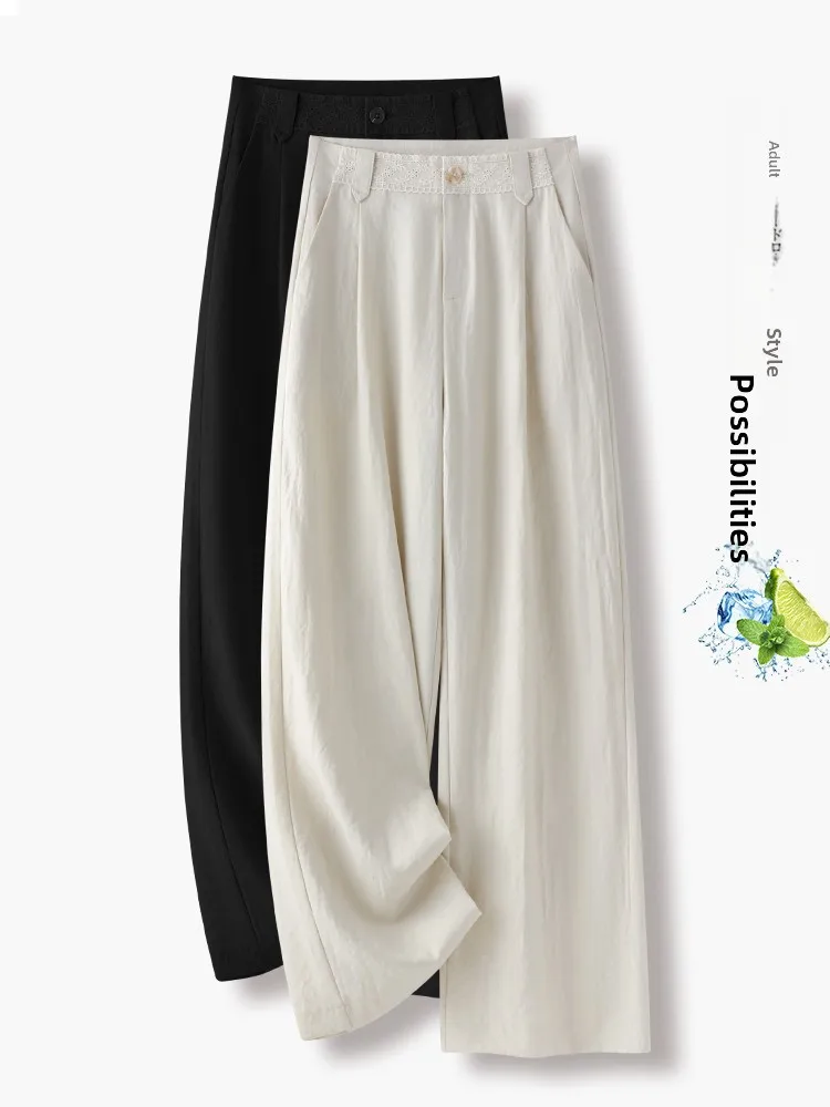 

Summer Thin Ice Silk Linen Wide Leg Pants Women High Waist Loose Casual Straight Tube Poplar Pants Commute Style Korean Version
