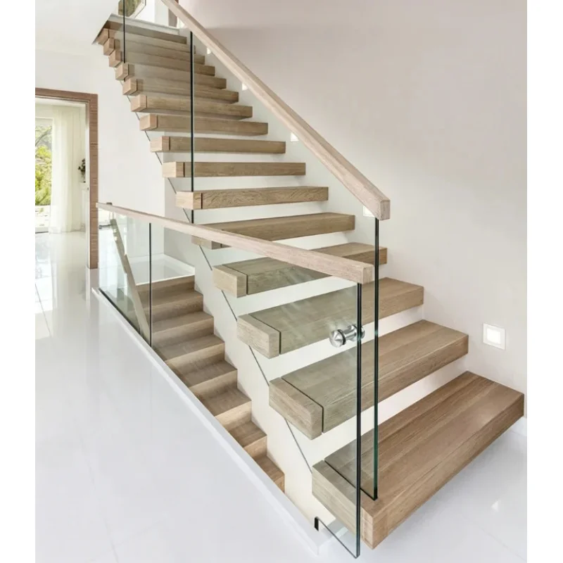 custom.Floating Staircase with Glass Railing Modern Cantilever Wooden Step Stairs Home Interior