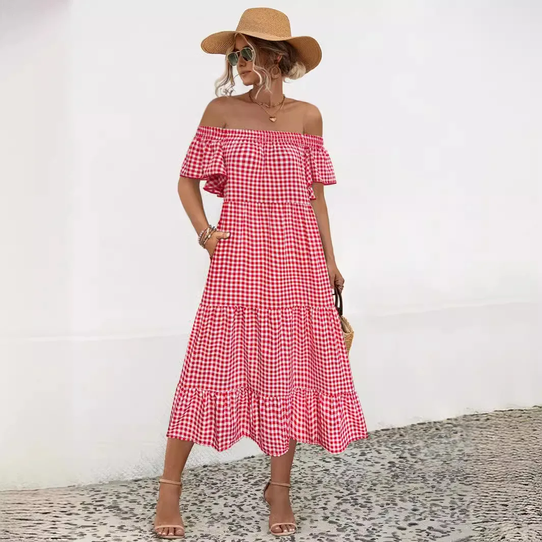 

Spring Summer New Women's Plaid Dress Sexy One-shoulder Short-sleeved Mid-length Dress Sweet And Fresh Girly Style Cake Dress