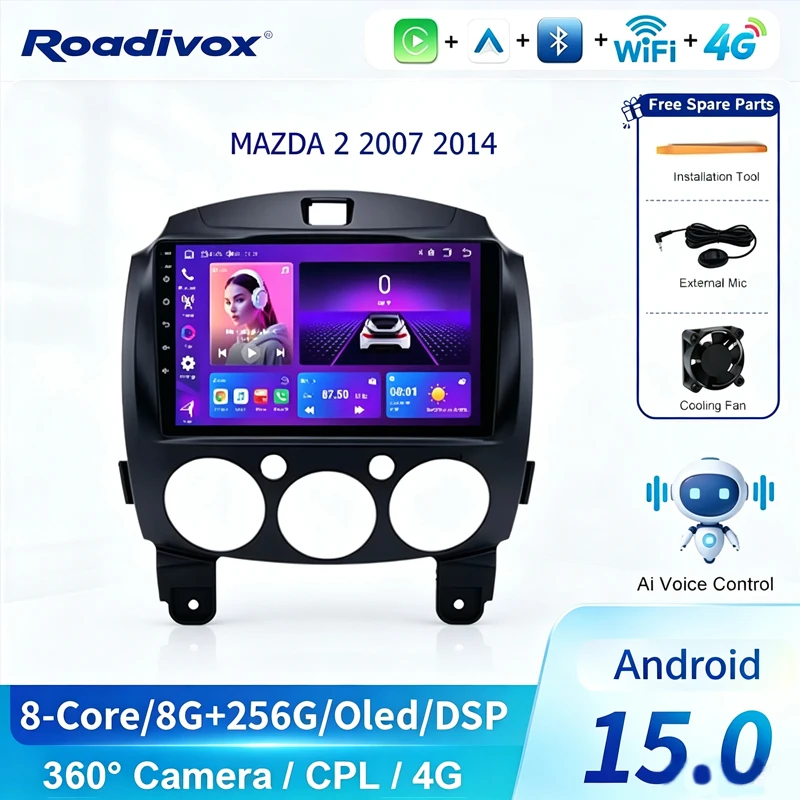 ROADIVOX AI VOICE Android car radio for MAZDA 2 2007 2014 stereo GPS Navigation video Multimedia Player tape recorder  carplay