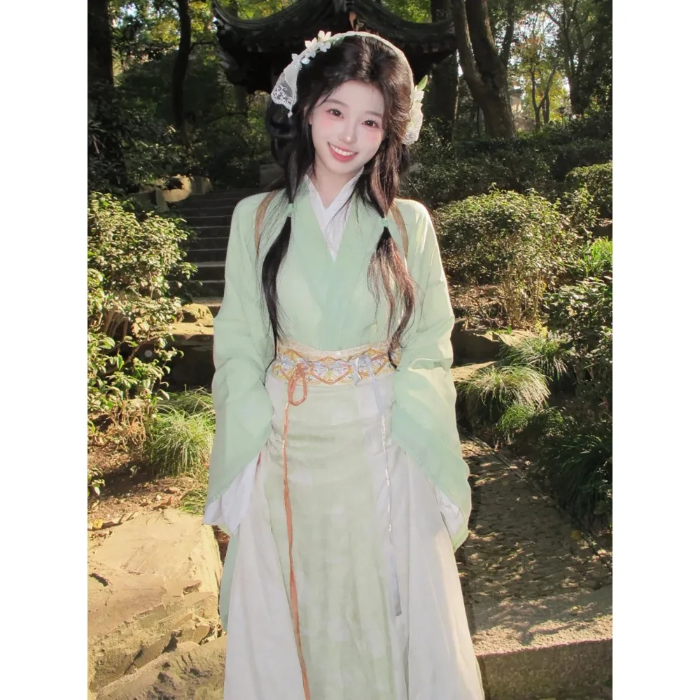 

Женский комплект Ханьфу в пасторальном стиле с перекрестным воротником, завышенной талией и широкими рукавами, новинка 2026 года, в стиле «Эфирная фея» для миниатюрных взрослых