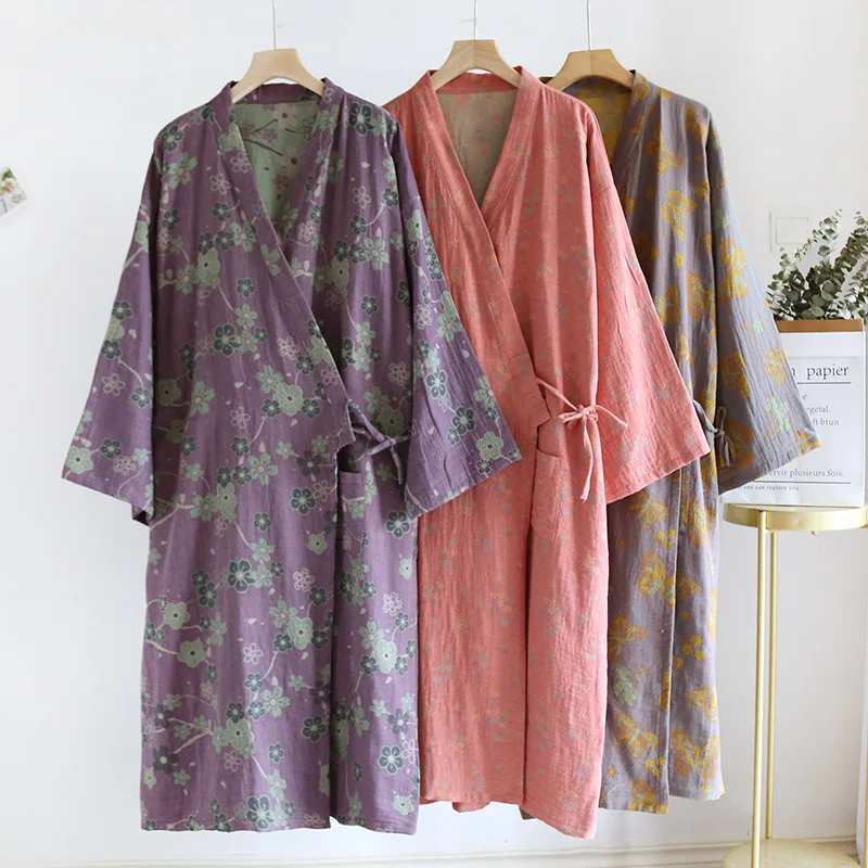 2024 Spring Autumn Women\'s 100% Cotton Double Sided Jacquard Kimono Robes Women Nightgowns Loose Size Comfortable Home Bathrobe