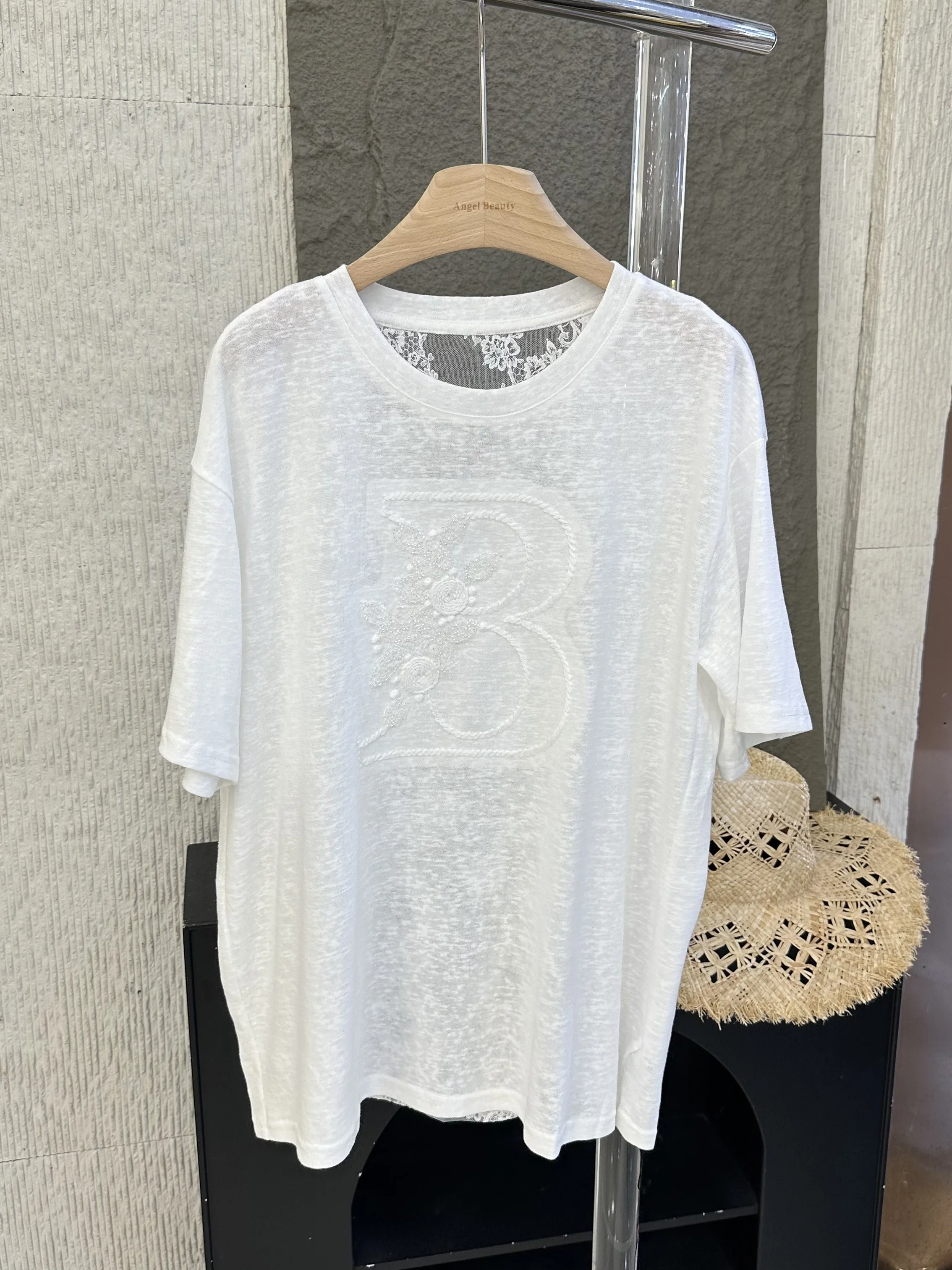 

Loose Lace Backless T-Shirt Women's Summer 2026 Casual Style Bamboo Cotton Breathable Short Sleeve round Neck Letter Embroidery