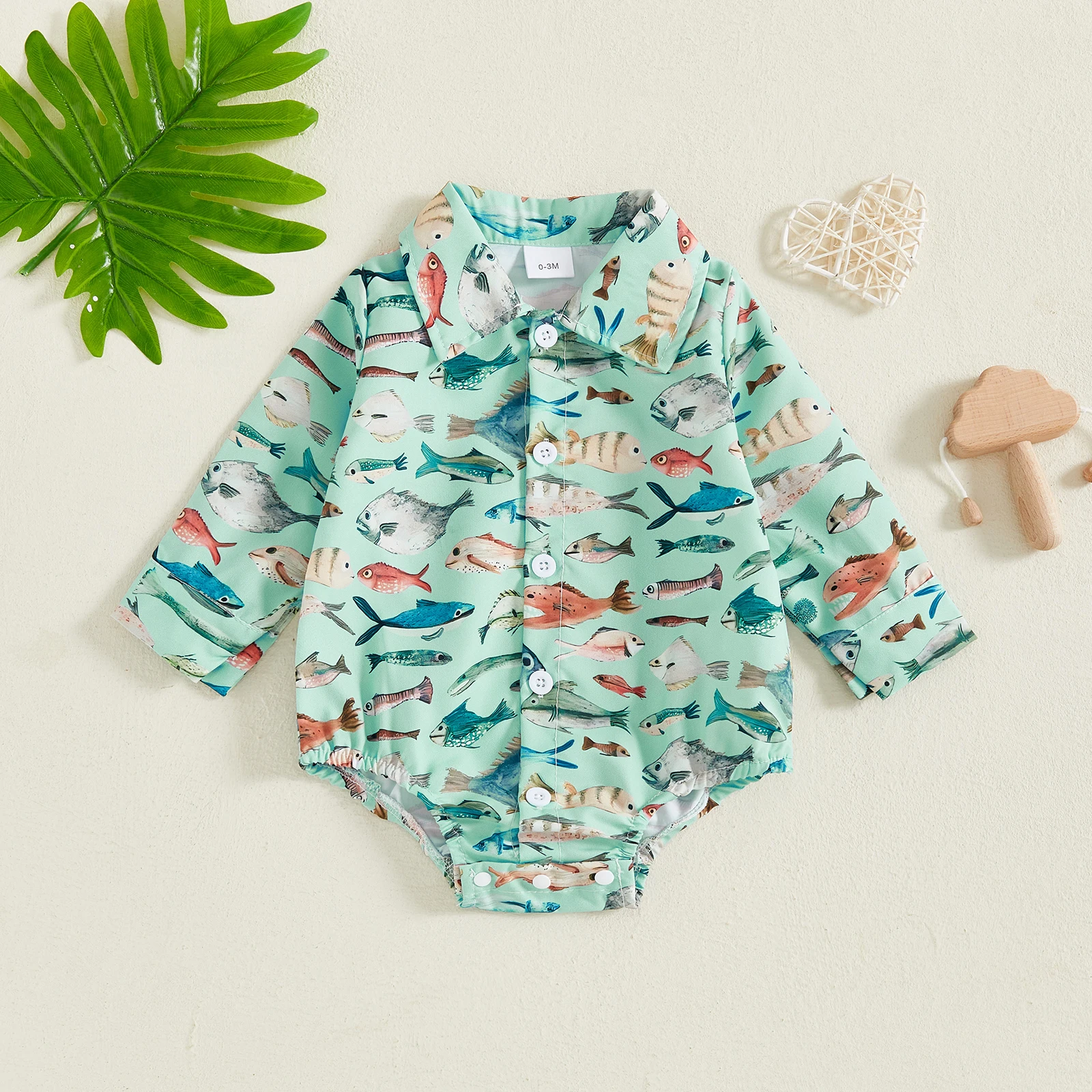 

0-18 Months Baby Boys Romper Long Sleeve Lapel Collar Fish Print Bodysuit Newborn Fall Playsuit