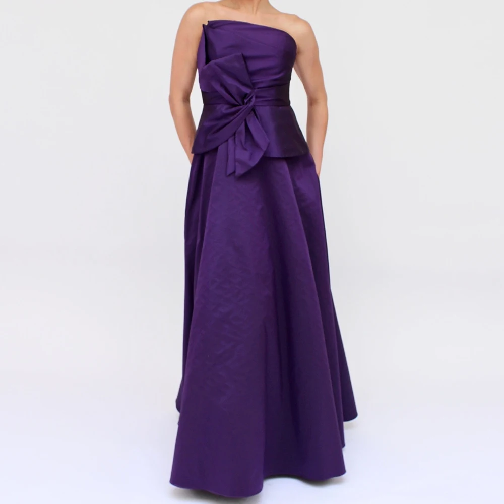 Customized Fashion Bow Strapless Floor Length Evening DressA-Line Satin Sleeveless Sweep Train Zipper Back платье вечернее