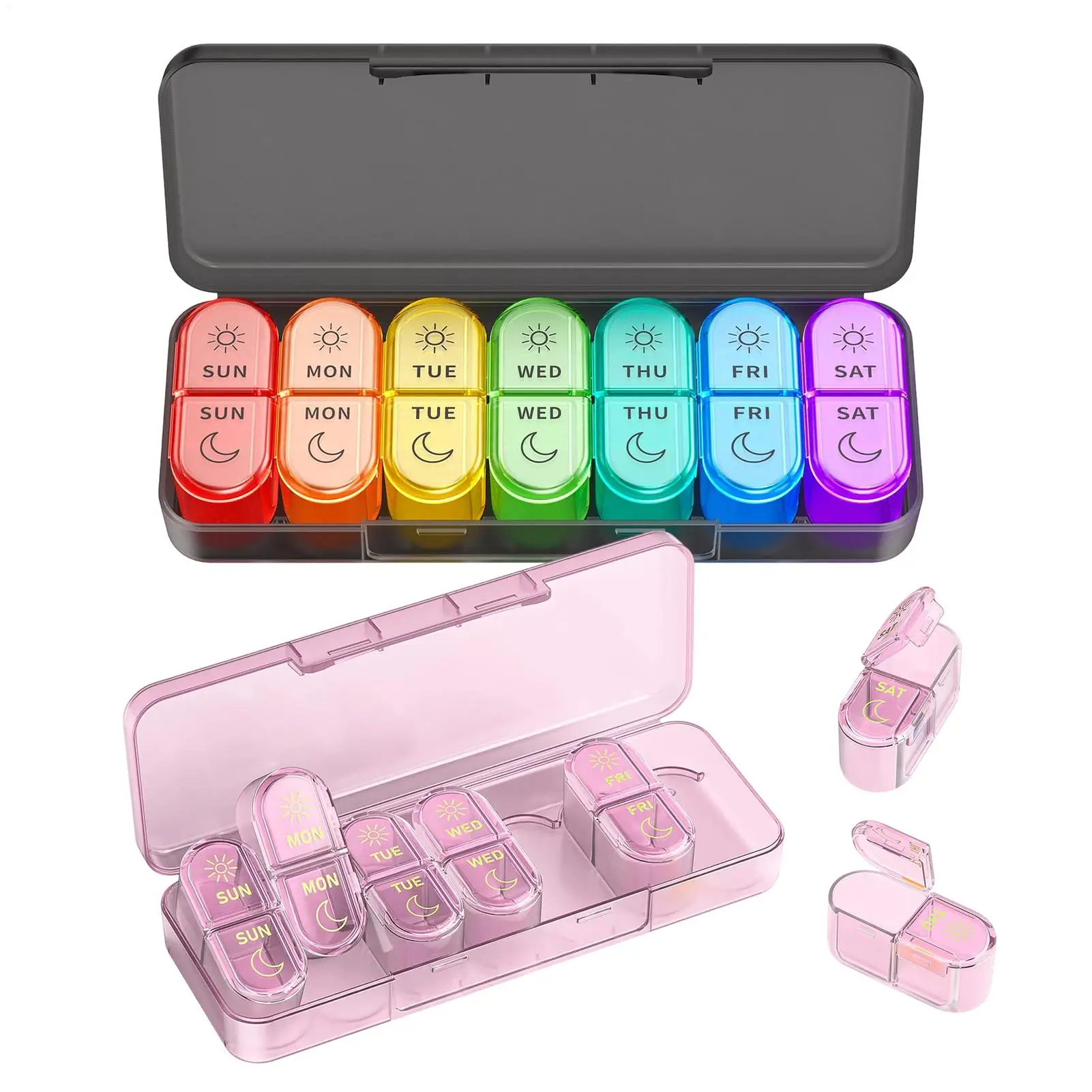

Weekly Pill Organizer 7 Day AM PM Case 14 Compartment Compact Vitamin Box Easy Open Travel Container for Elderly Kids Purse