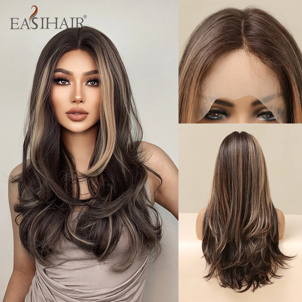 Long Brown Lace Front Synthetic Wigs Blonde Golden Highlight Lace Hair Wigs for Black Women Daily Cosplay Party Heat Resistant