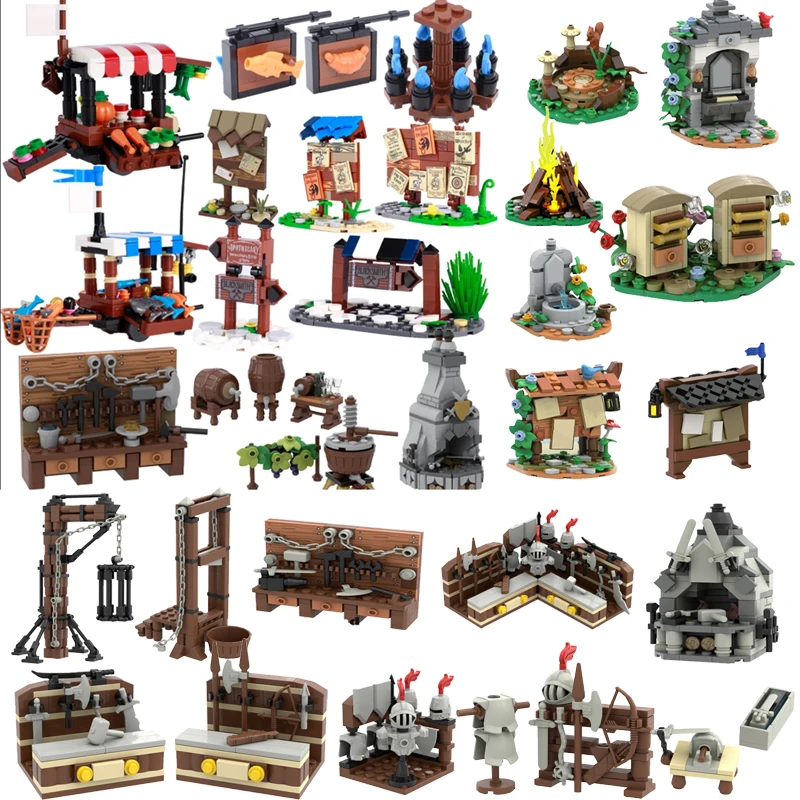 MOC Medieval Street View Building Blocks Military Knight Army Castle Fish Vegetables Shop Furnace Candle Barrel Brick Gifts Kids