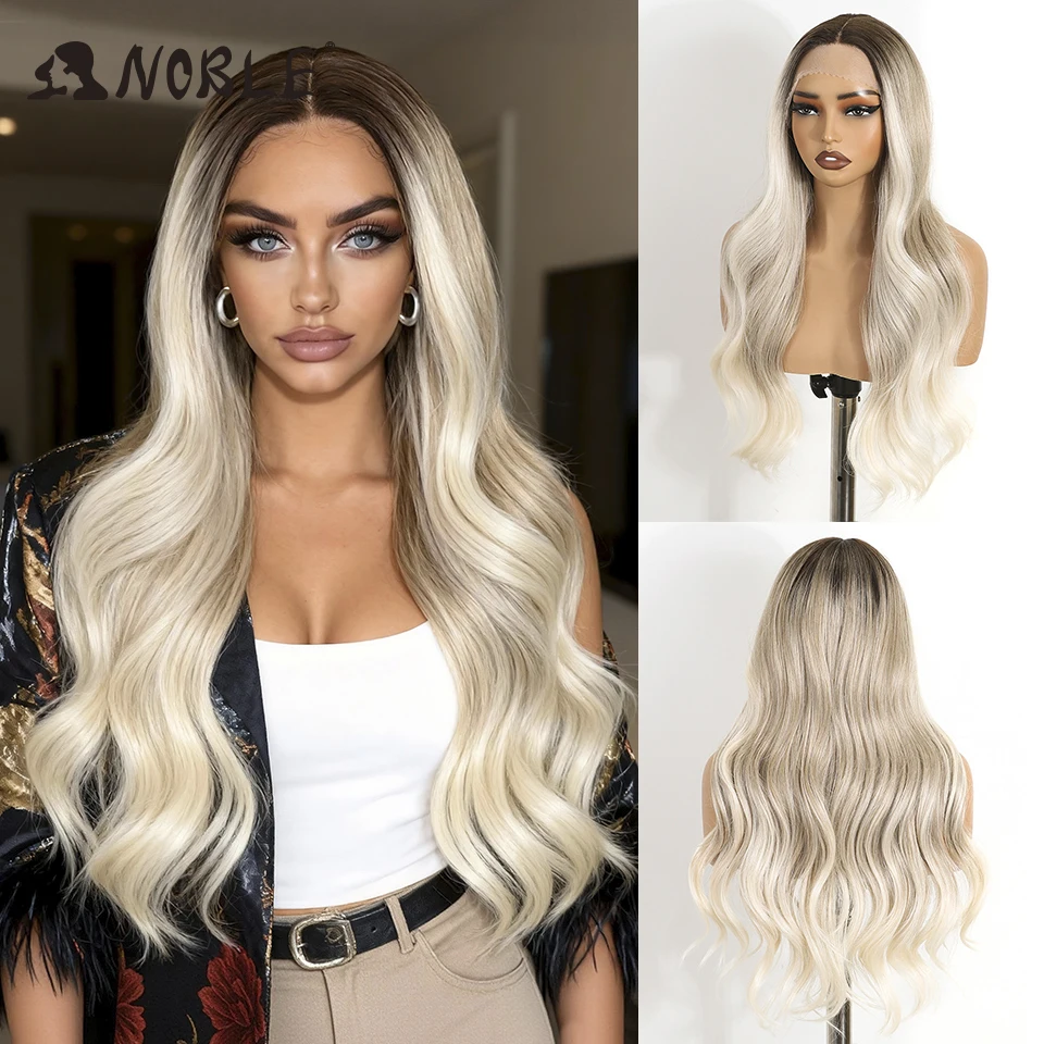 

Благородные синтетические парики фронта шнурка для женщин 26-дюймовый длинный волнистый парик платинового блонда с корнями, кружевной парик, кружевные парики для косплея