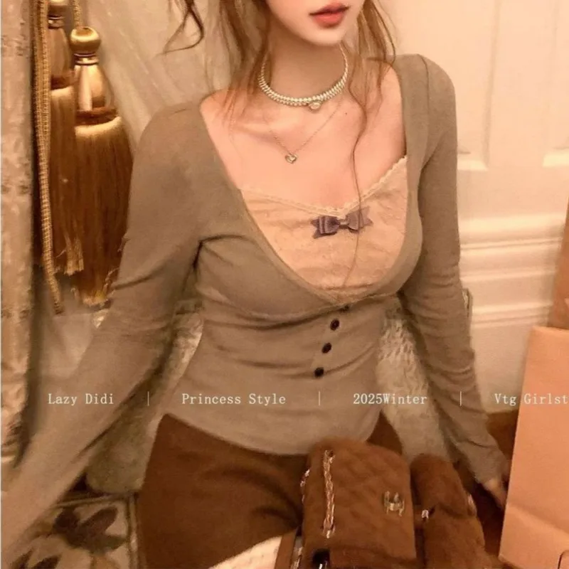 

Vintage Lace Patchwork Long Sleeve Top Cute Fairycore T-shirt Cuteore Bow Y2K Clothes Princess Tshirt New Spring Autumn Clothing