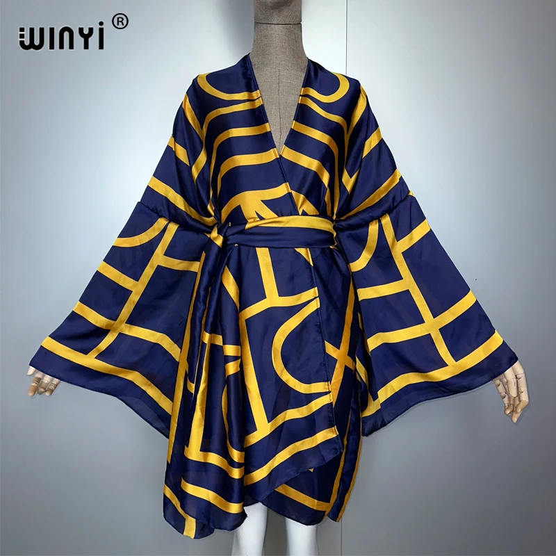 WINYI print kimono beach outfits women Swim Suit Cover up boho Cardigan stitch Self Belt Holiday long Sleeve coat holiday kaftan