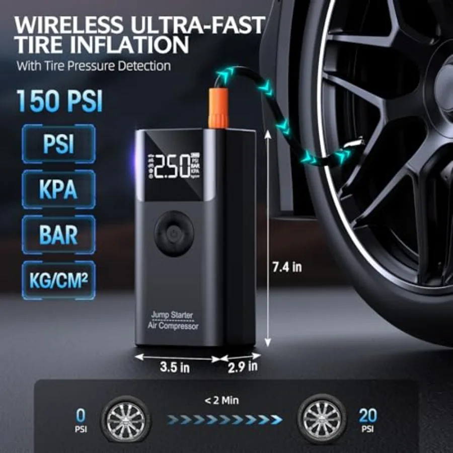 حزمة بادئ تشغيل بطارية السيارة المحمولة مع ضاغط الهواء 3500A 150PSI لمحرك الغاز ما يصل إلى 9.0L ومحرك الديزل 8.0L 12V Ju #3