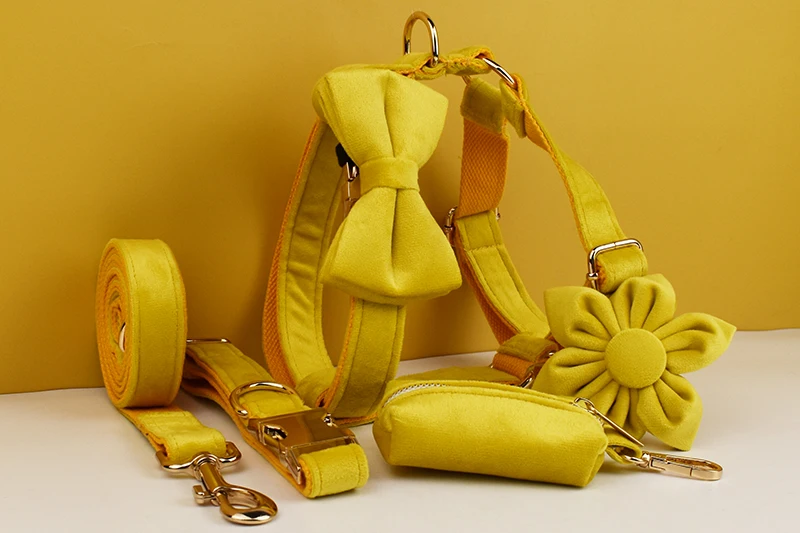 Gelbes Samt-Hundehalsband und Leinen-Set für kleine, mittelgroße und große Hunde, individuell graviertes Namensschild, Heimtierbedarf, Hundeleine, Velvet04 – Detail 2