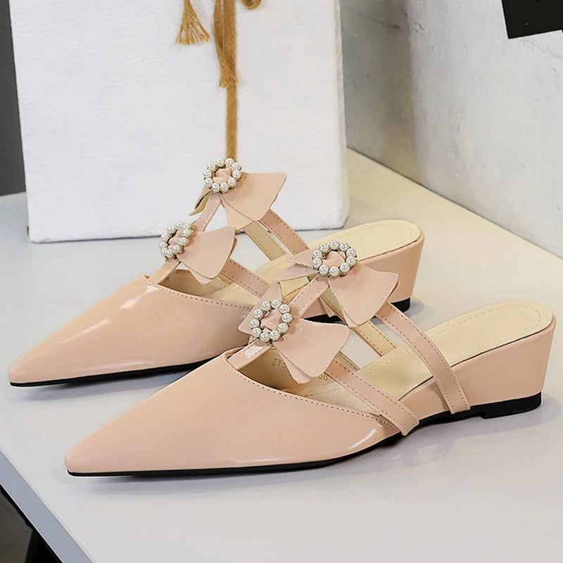 

BIGTREE Spring Fashion Crystal Butterfly knot Slippers Women's Wedges Heels Bridal Party Mules Shoes Zapatos Mujer