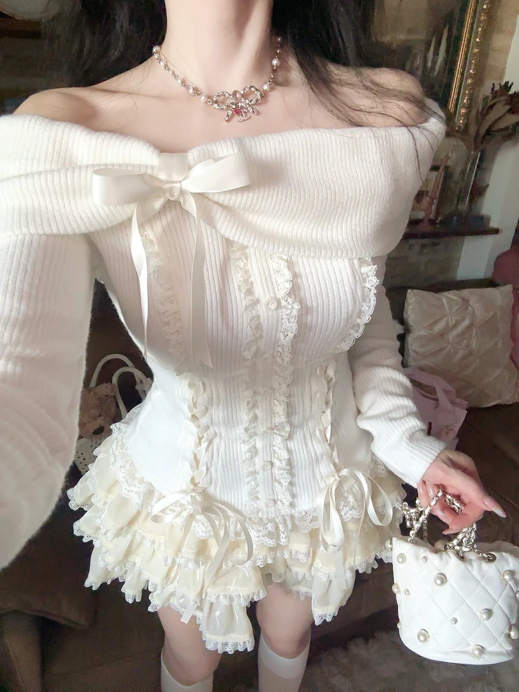 Japanese Style Kawaii 2 Piece Set Woman Off Shoulder Fit Knitted Sweater + Y2k E-girls Slim Mini Sweet Lace Cake Skirt Design