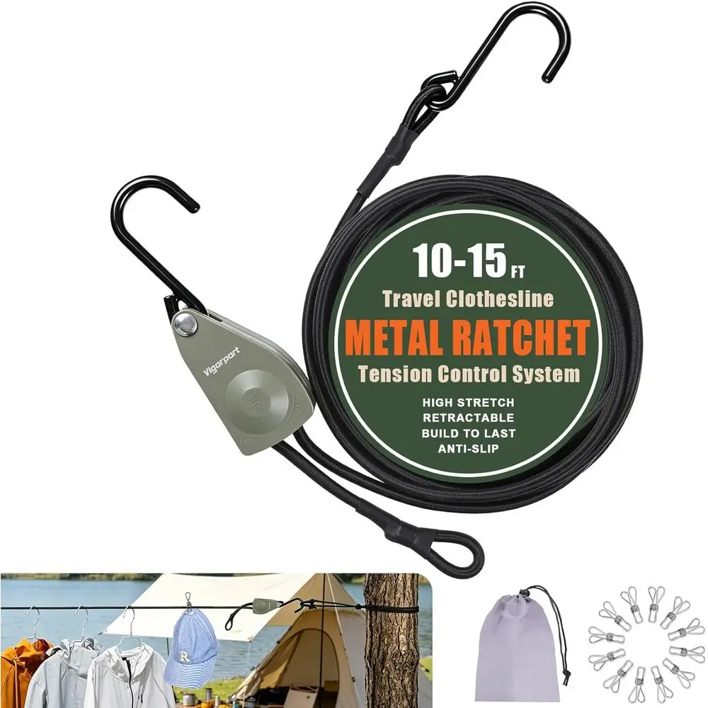 Portable Heavy-Duty Clothesline with Clips for Outdoor Camping, RV, Cruises, and Indoor Use