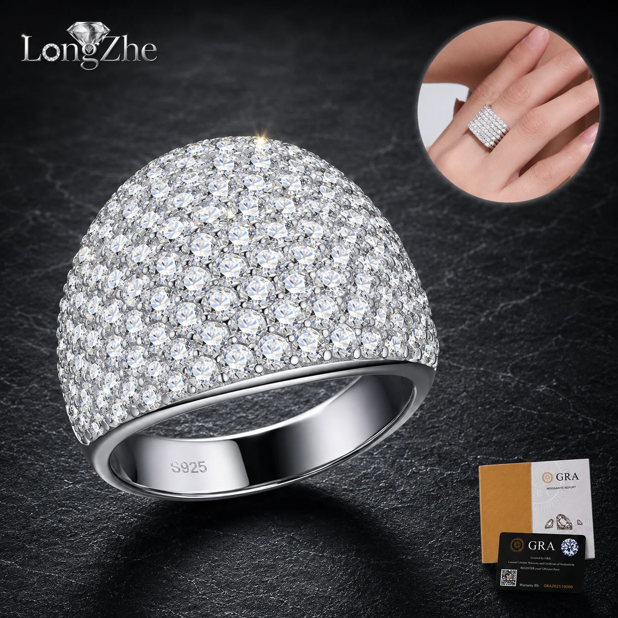 LongZhe S925 Silver Moissanite Full Pave Ring D-E Color GRA Certified Diamond Tester Passed Fine Jewelry Gift