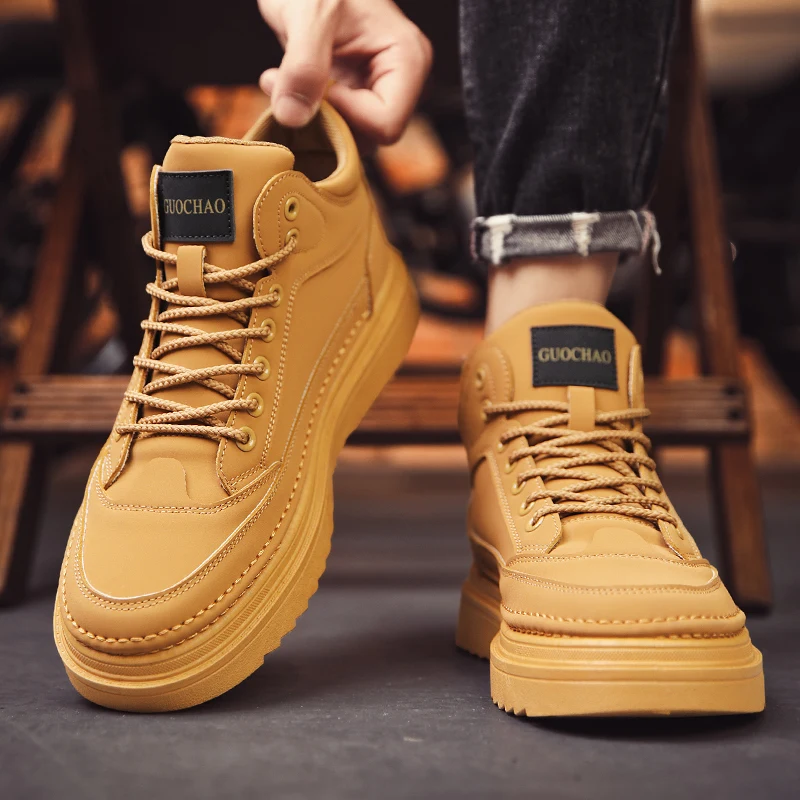 

Winter Men's High-Top Casual Boots Anti-Slip Wear-Resistant Outdoor Workwear Boots Korean Style PU Leather Shoes