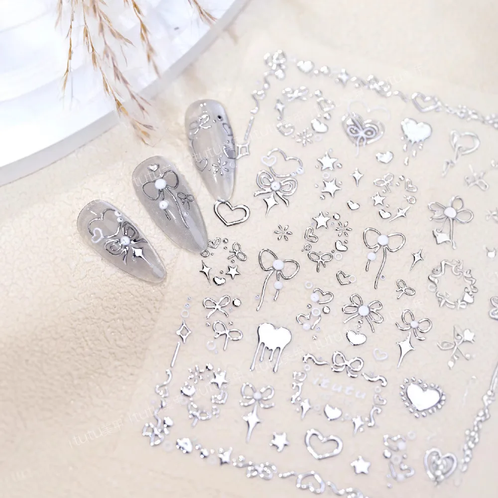 Autocollants pour ongles avec nœud bronzant doux, nœud Rose en forme de cœur en relief, autocollants en forme de cœur rouge argenté pour décoration de manucure à faire soi-même