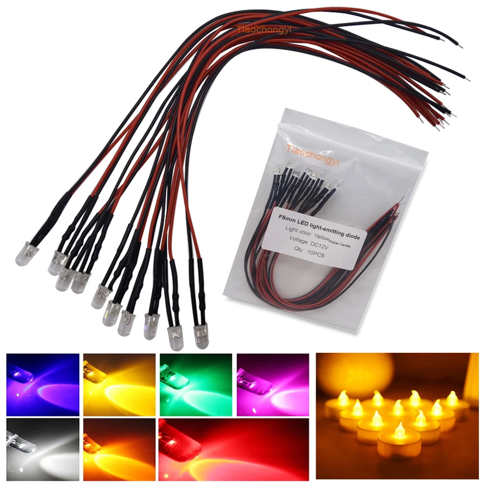 10pcs 5mm Flickering DC5-12V DC Pre-Wired Water Clear Candle Leds Red Yellow Blue Green White Orange Flicker Light Lamp Bulb