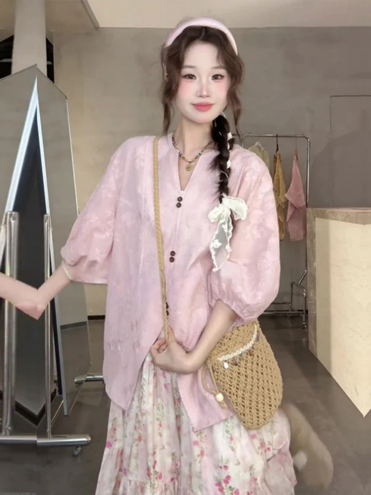 Novo chinês sle floral impressão blusa feminina rosa verão irt vintage faion svel redondo ne algodão casual topo