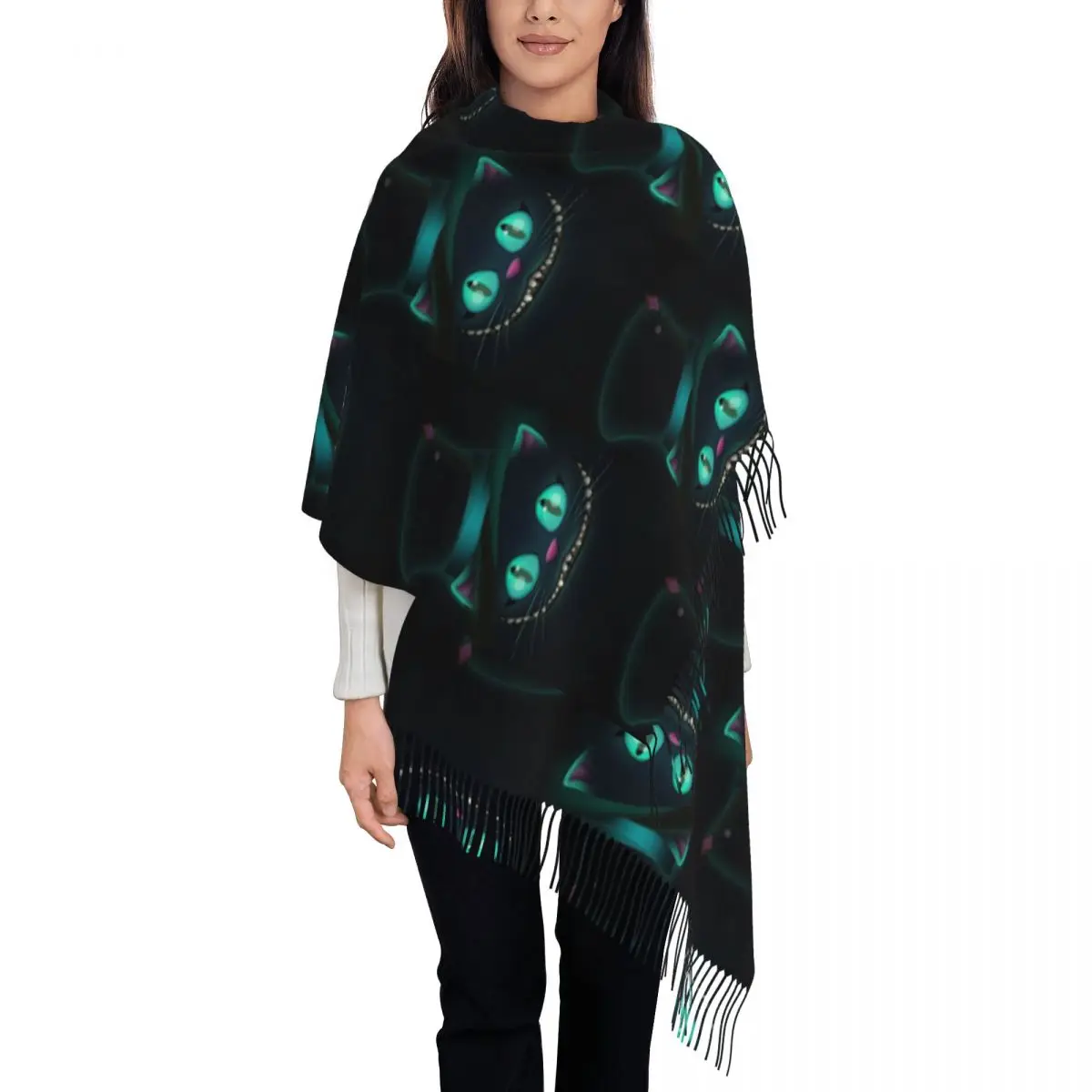 

Модный шарф с кисточками и чеширским котом на заказ, женские зимние теплые шали, женские шарфы