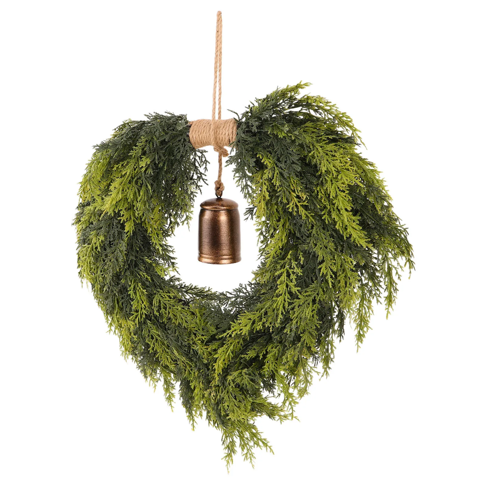 

Christmas Heart Shaped Wreath Bell Faux Cedar Garland Holiday Front Door Fireplace Porch Outdoor Decorative Wreath
