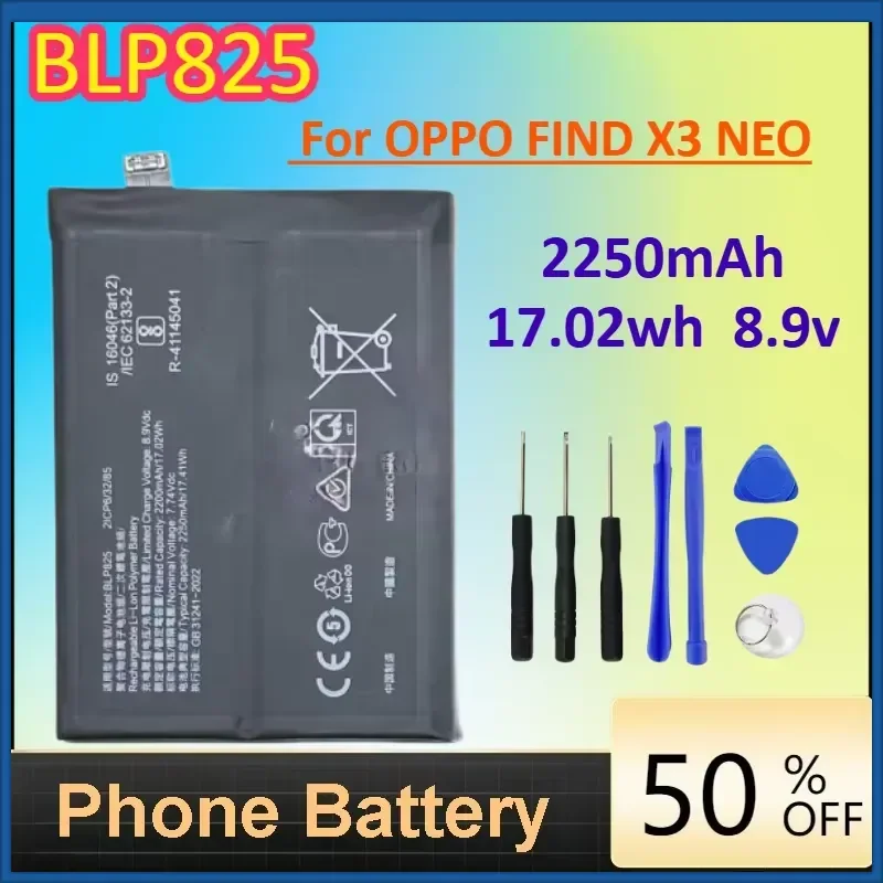 

BLP825 2250mAh Phone Battery for OPPO FIND X3 NEO Replacement Batteries+Free Tools 17.02wh 8.9v