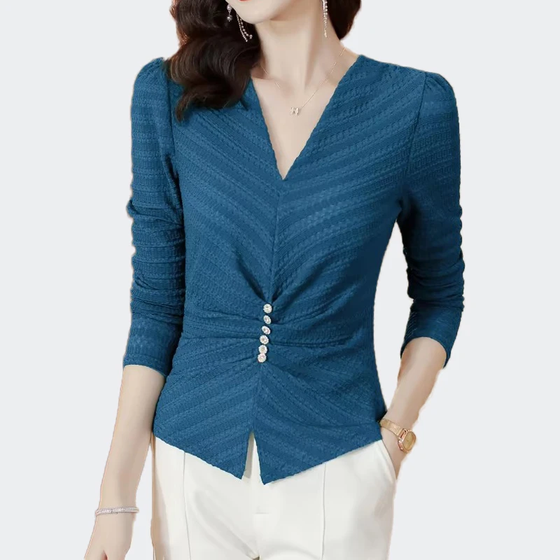 

Elegant Folds Breasted Women T-Shirts Long Sleeve V-Neck Slim Bodycon Tops Femme Casual Bottoming Shirts For Women
