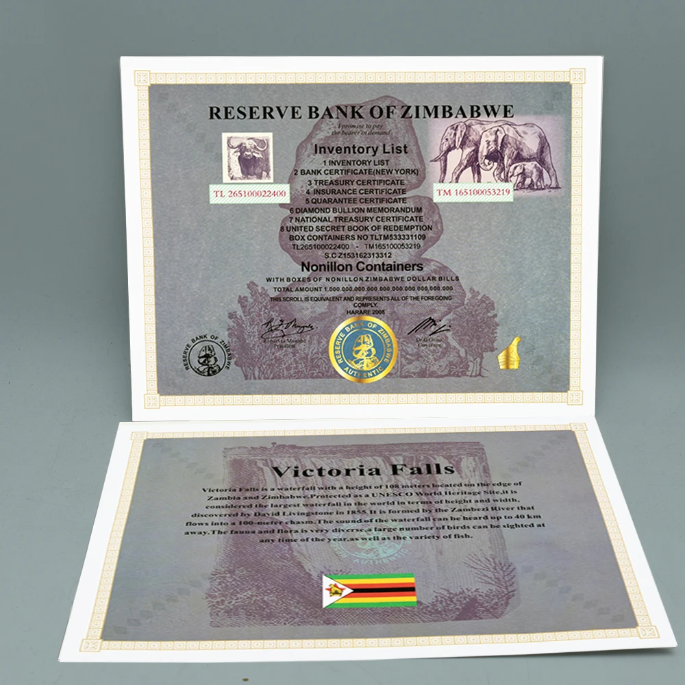 Zimbabwe Certificate Banknotes Nonillon Containers Paper Money with Fluorescent Watermark Rare Collector's Item