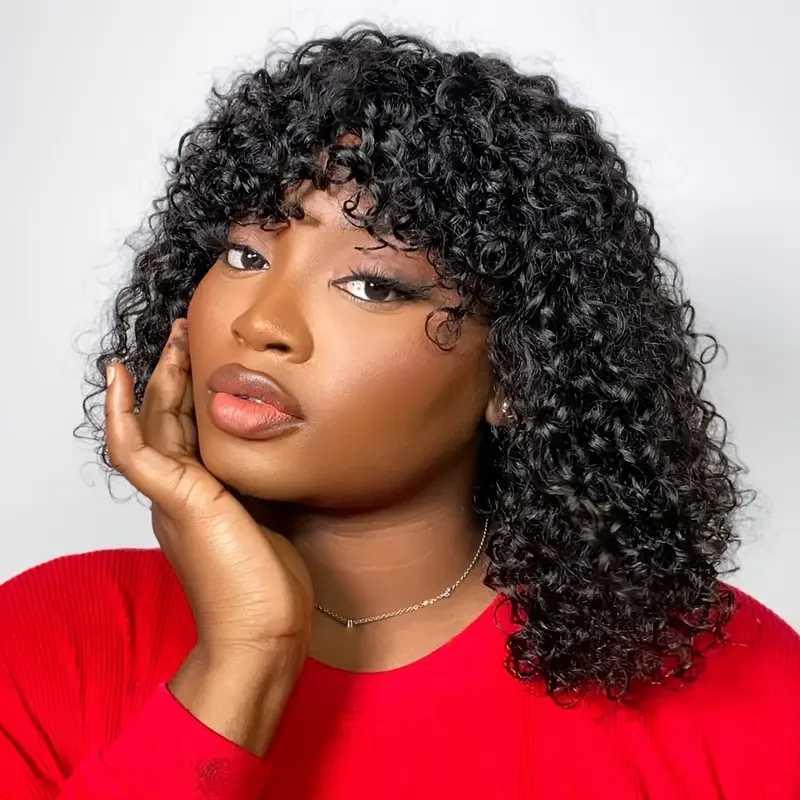 

Water Wave Human Hair Wig With Bangs Curly Wave Machine Made Wig Bob Wig Human Hair Wig for Women