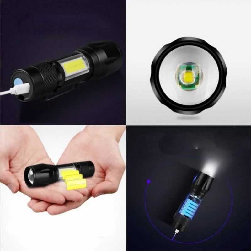 Portable Mini Flashlight COB Side Light Zoom Waterproof USB Charging Flashlight with Pen Outdoor Travel Lighting Tools