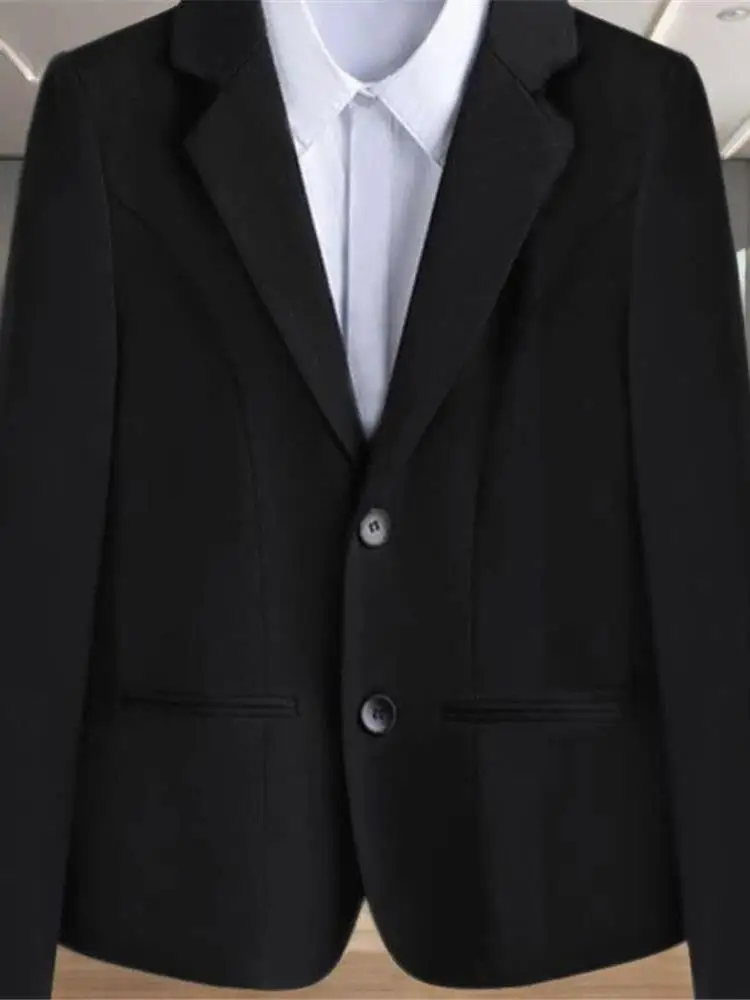 سترة نسائية أنيقة سوداء ضيقة، مناسبة للعمل، بتصميم كوري عصري، قصيرة الطول بزر واحد #1