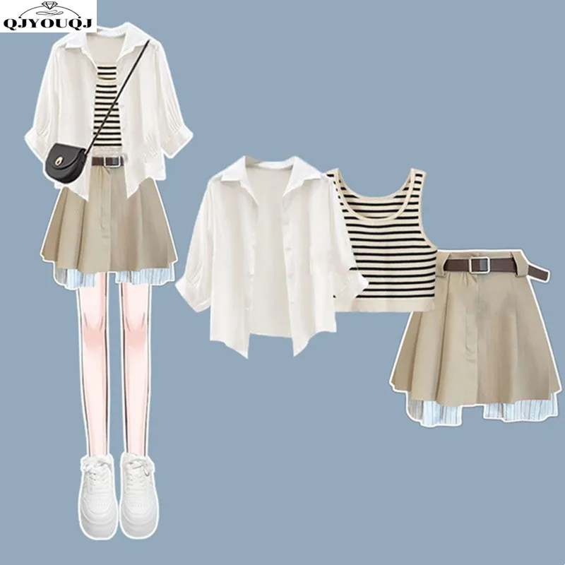 Spring/Summer Wear Set 2024 New Fashion Shirt Top Slimming Tank Top Versatile Short Skirt Three Piece Set