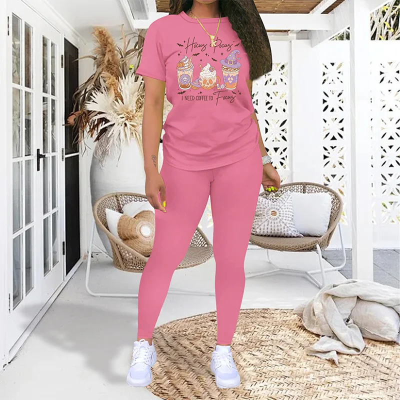 Summer Fitness Suit Coffee Print Solid Color T-shirt Leggings Women's Short Sleeved Sportswear S-2XL
